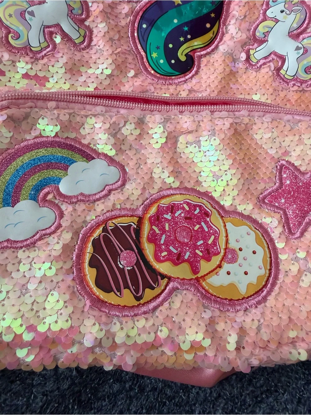 Girls Pink Sequin Unicorn and Donuts Design Backpack